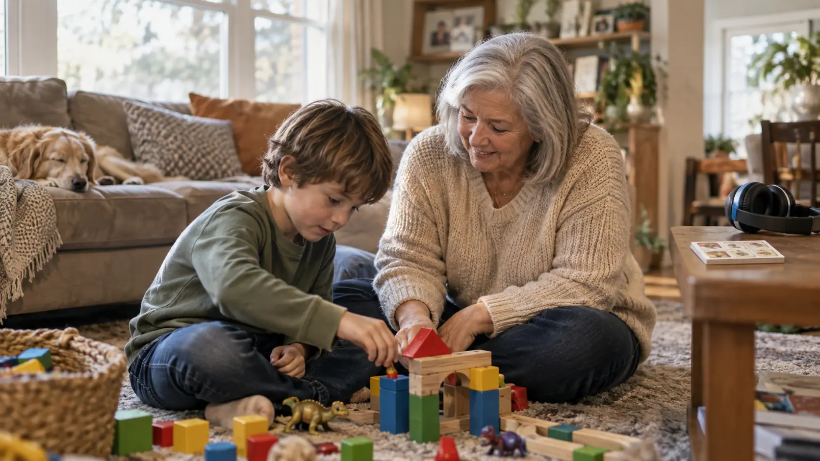 Grandparent and child calmly building with blocks together in a warm home setting, with noise-reducing headphones and a simple visual routine card nearby for sensory support.