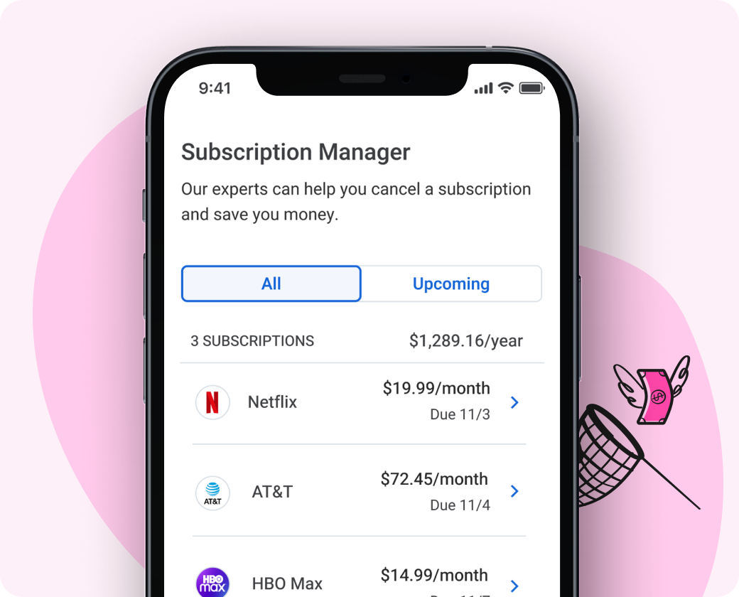 A mockup of a phone with a screen that displays various subscription services like Netflix and AT&T