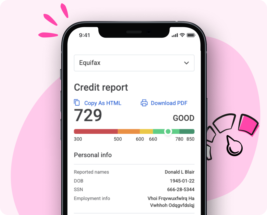 A mockup of a phone with a screen that displays a credit report