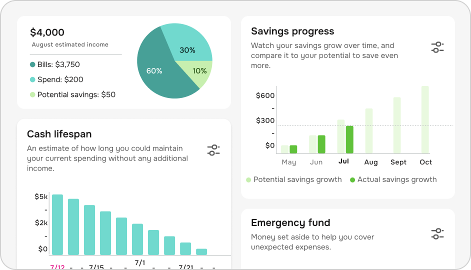 A group of dashboard widgets that show items like Emergency fund, savings progress, budget, and cash lifespan