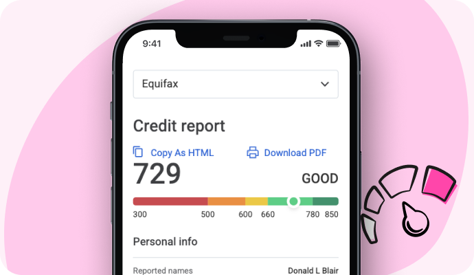 A mockup of a phone with a screen that displays a credit report