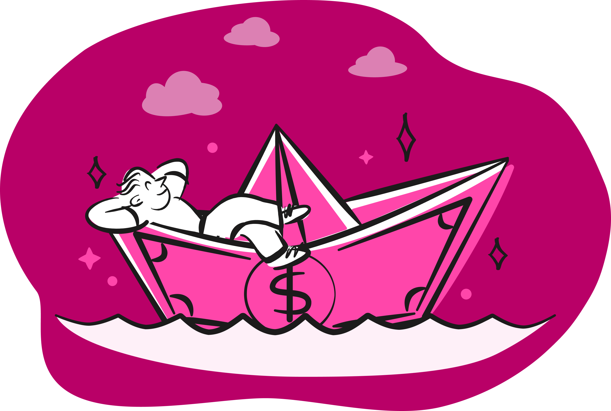 Illustration of a man laying in a sailboat made of money looking up at the clouds above him