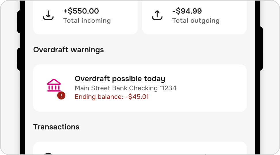 A mockup of a phone with a screen that displays an alert for a possible Overdraft
