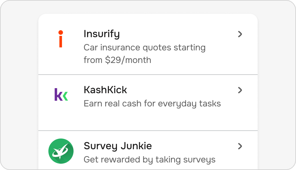 A mockup of a phone with a screen that displays some services that FloatMe offers: Insurify, KashKick and Survey Junkie