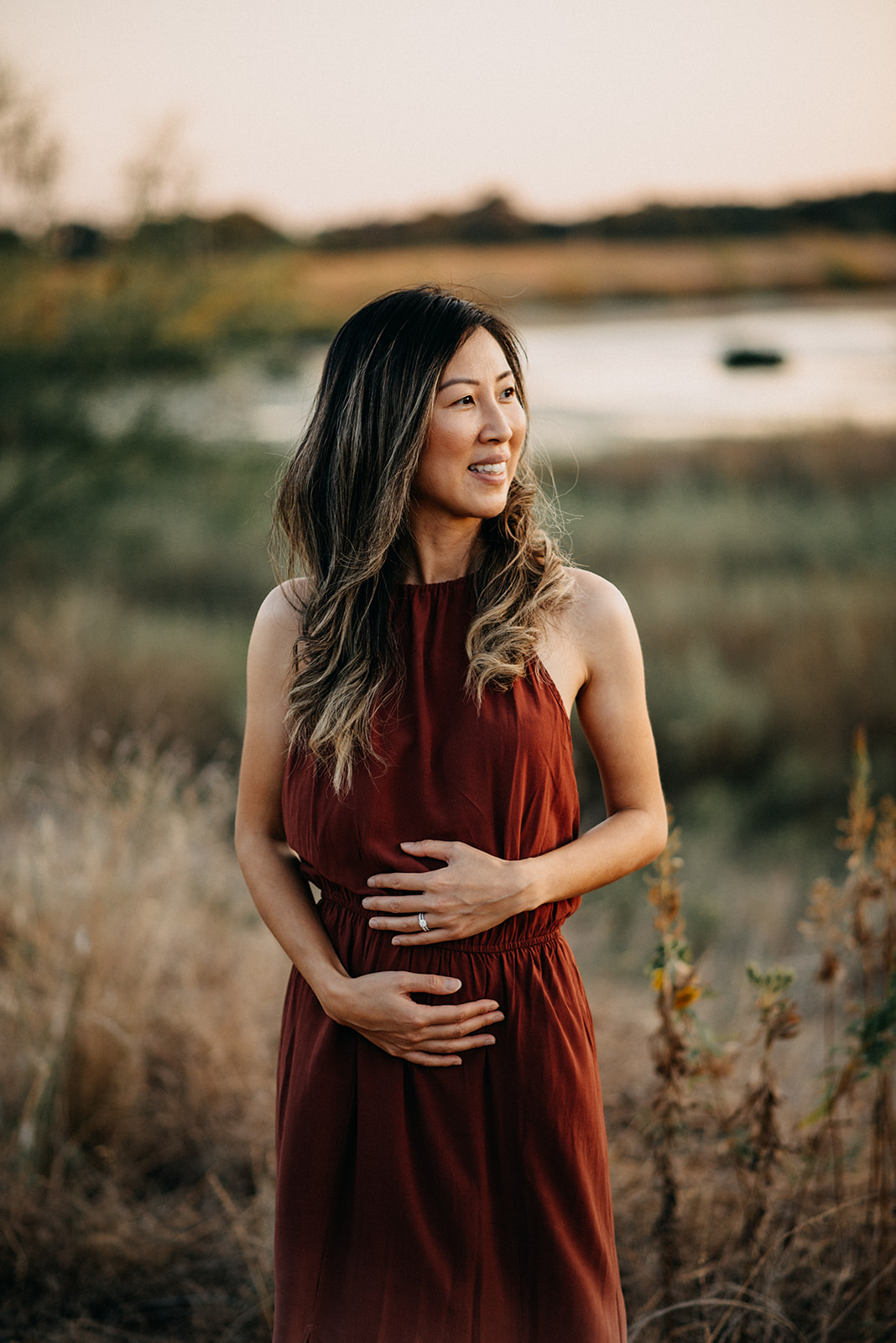 a woman in a red dress