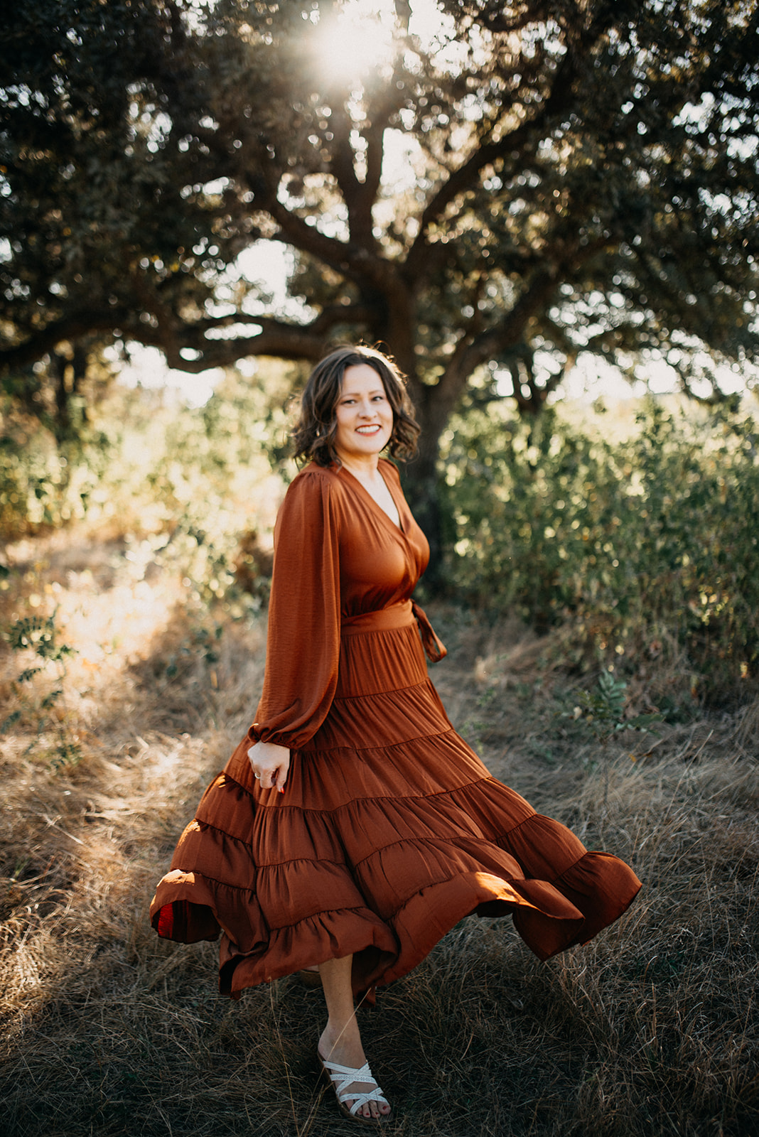 a woman in a long dress