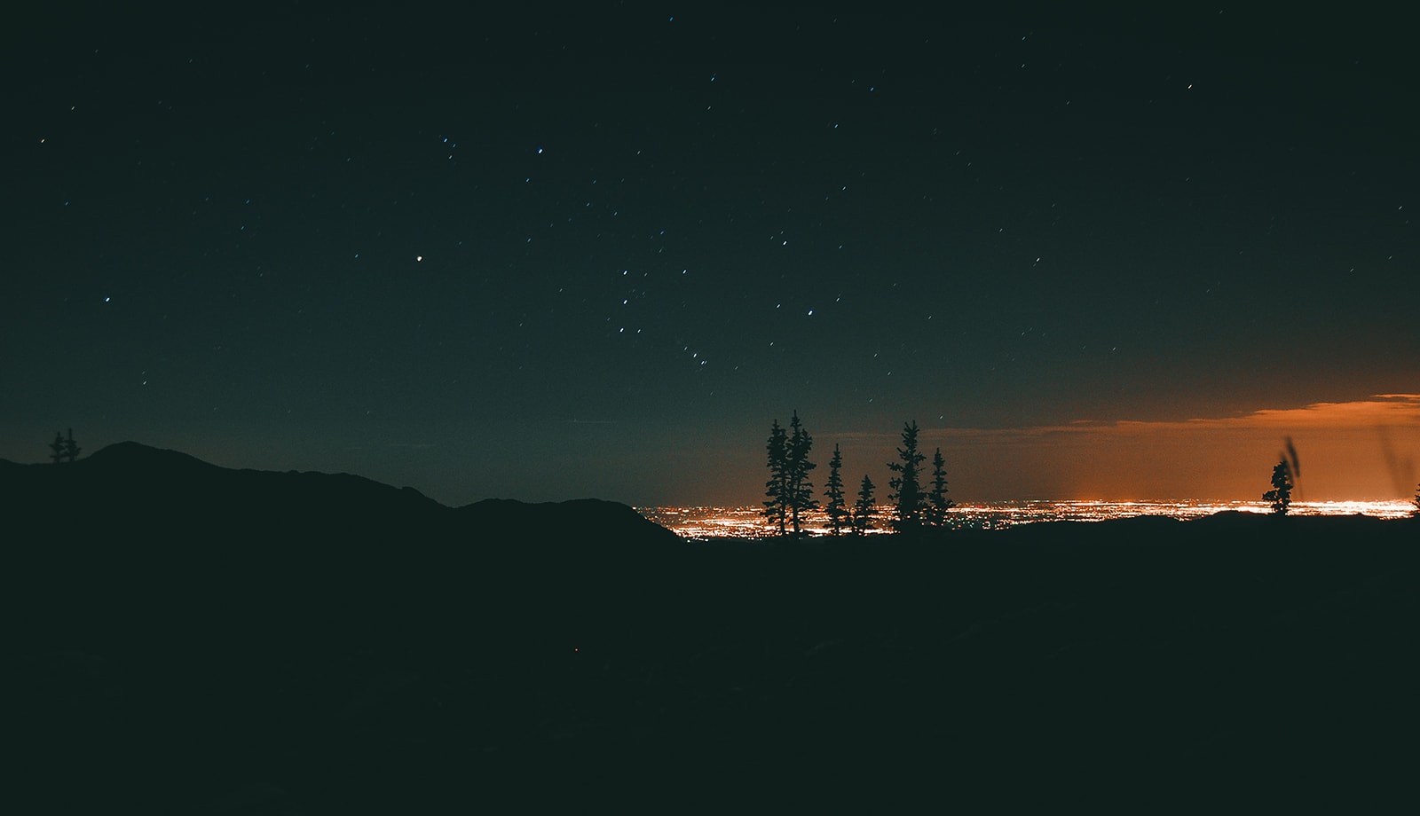 Night sky with stars above a dark mountainous landscape and silhouettes of pine trees, city lights glowing in the distance.