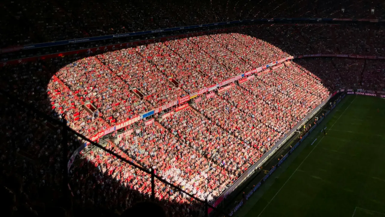 High view of the seating tiers in a large football stadium.
