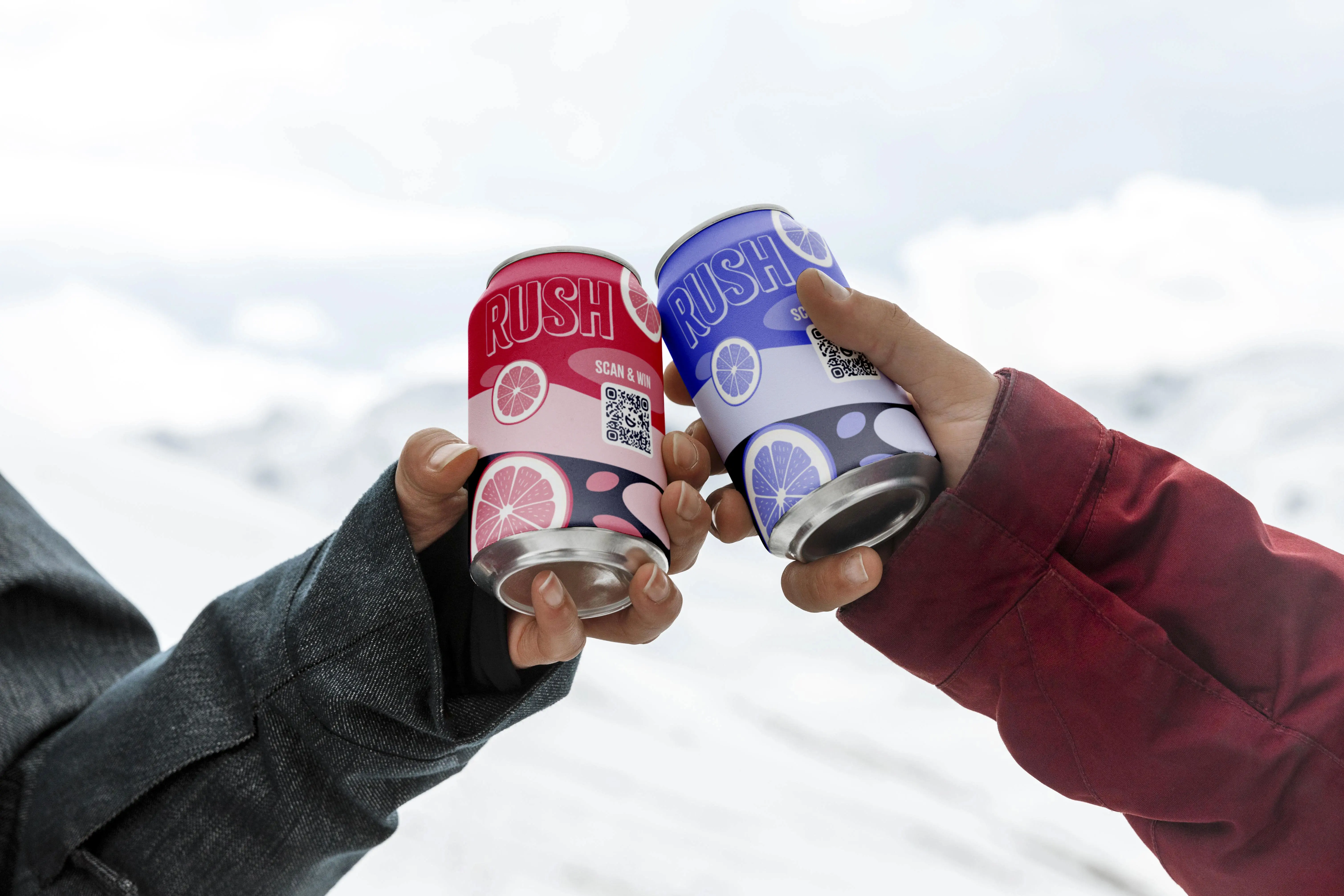 Two persons holding soda cans