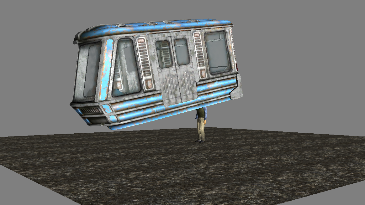 A video game character with a train on his head. 