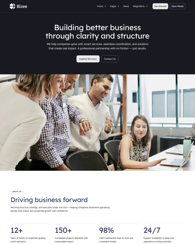 Website header showing a group of four professionals collaborating around a table in a modern office with business growth statistics below.