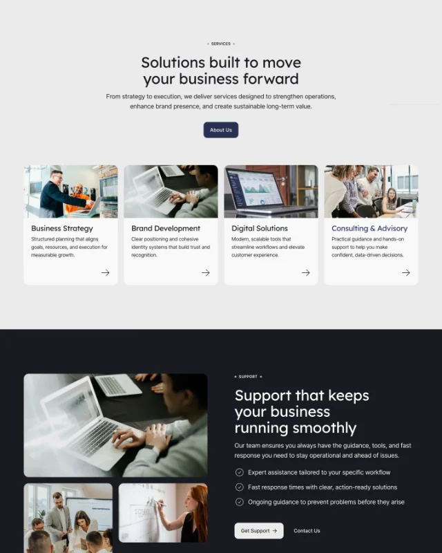 Business service offerings with four cards labeled Business Strategy, Brand Development, Digital Solutions, and Consulting & Advisory, plus support section highlighting expert assistance and fast response with images of people collaborating.