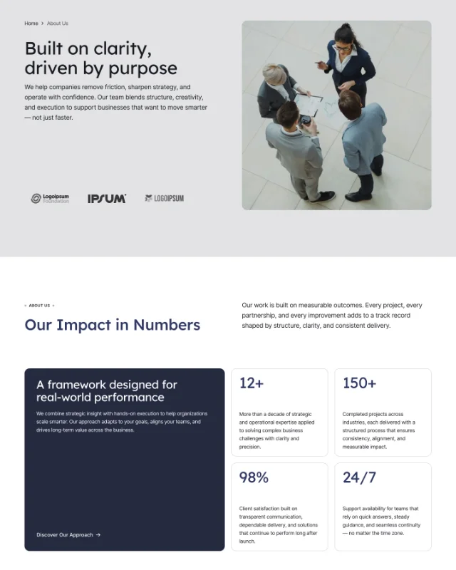 Overhead view of four business professionals standing in a discussion in an office lobby with text about company purpose, impact, and metrics on the left and below.