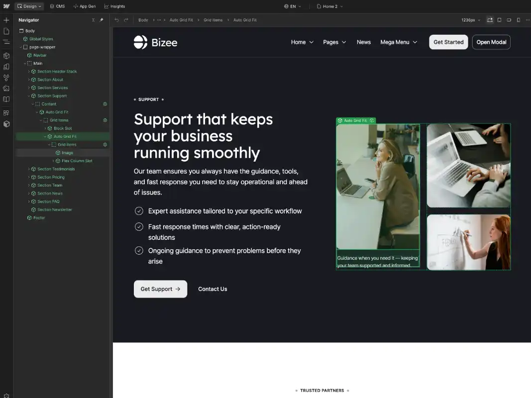 Website design interface showing a business support page with a headline, bullet points, call-to-action buttons, and images of people working on laptops and whiteboards.