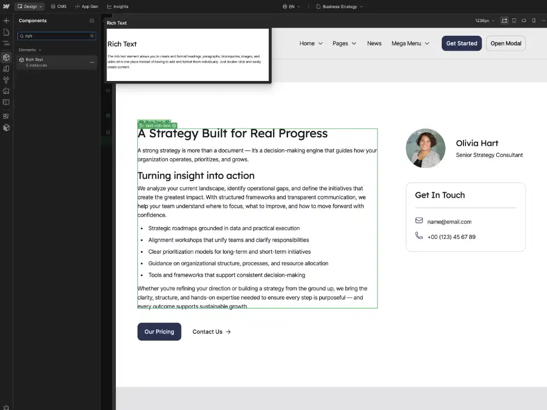 Screenshot of a strategy consulting website section featuring a heading 'A Strategy Built for Real Progress,' descriptive text, bullet points on strategic roadmaps and workshops, contact info for Olivia Hart, Senior Strategy Consultant, and navigation buttons.