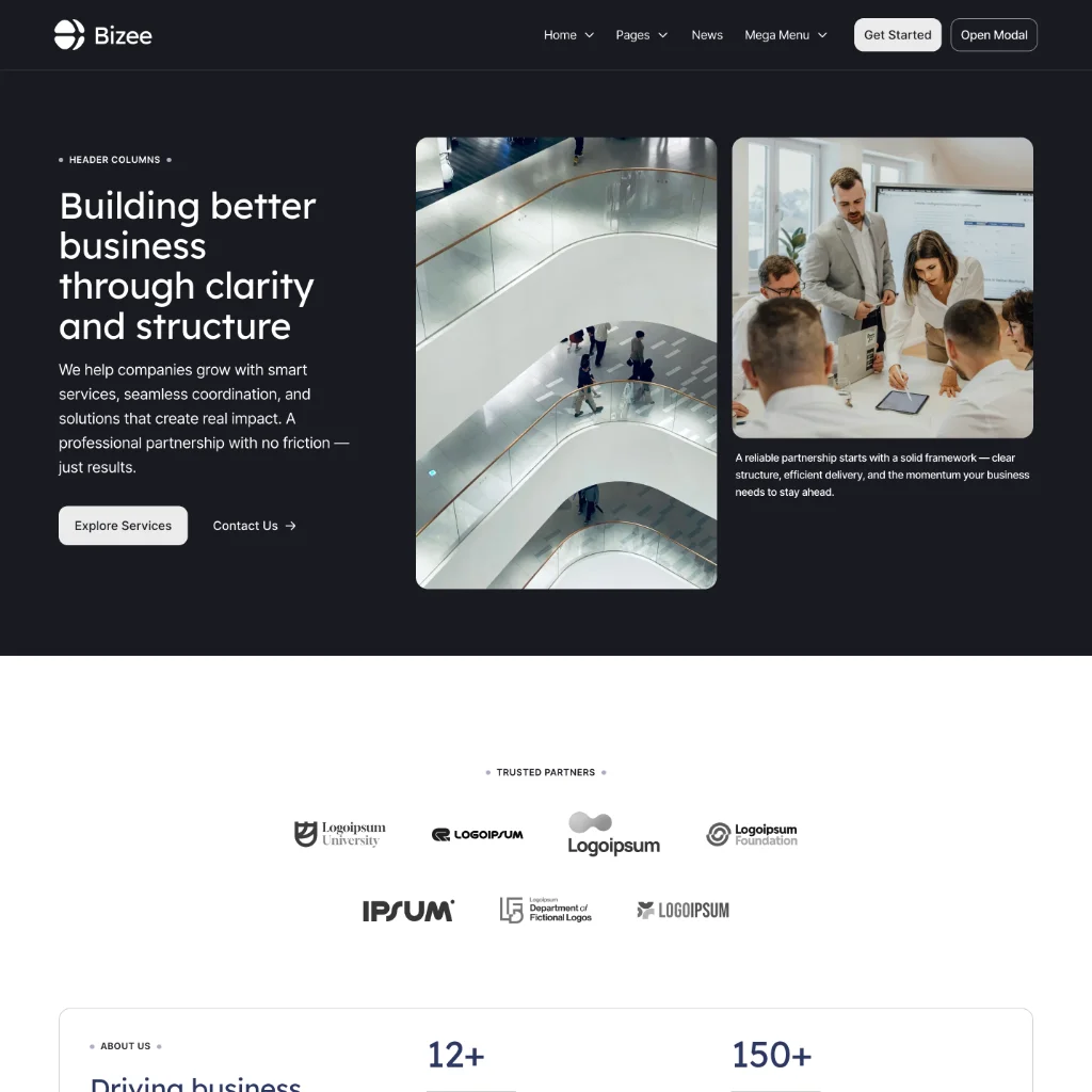 Website homepage with Bizzee logo, navigation menu, business headline, images of modern office and team meeting, and trusted partner logos.