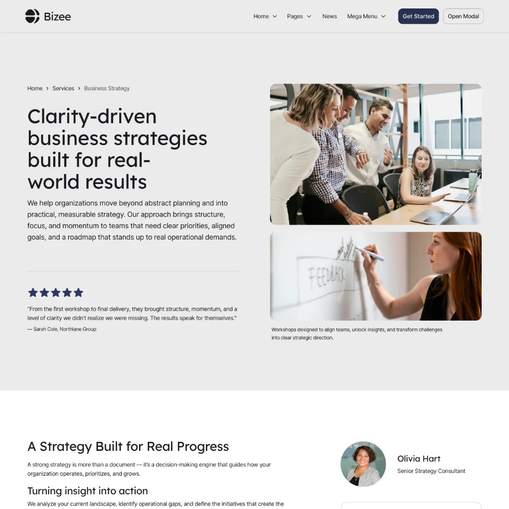 Website section showing business strategy services with images of a group working at a table and a woman writing 'Feedback' on a transparent board.
