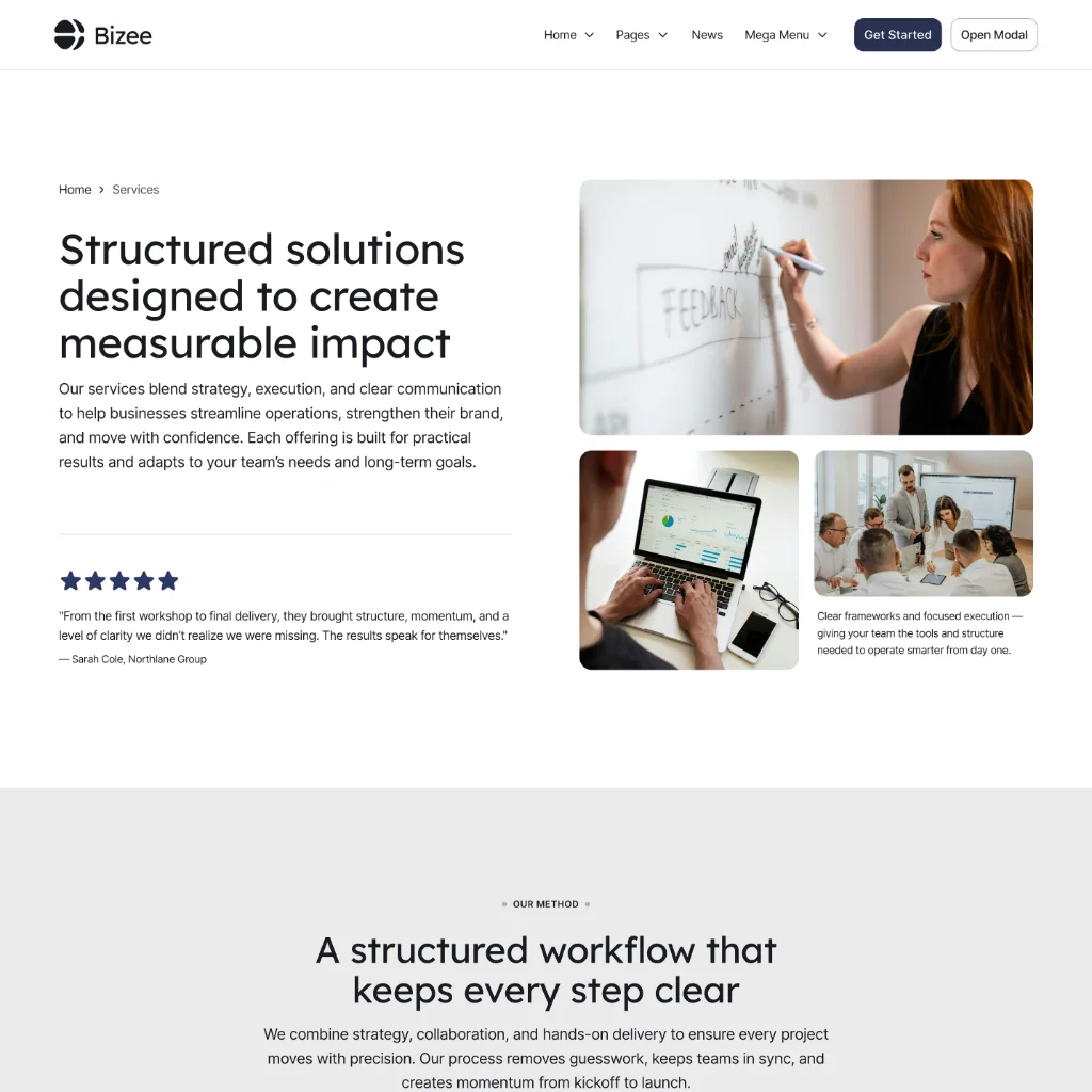 Woman writing 'FEEDBACK' on a whiteboard, person analyzing data on a laptop, and a team meeting around a table with a presentation screen.