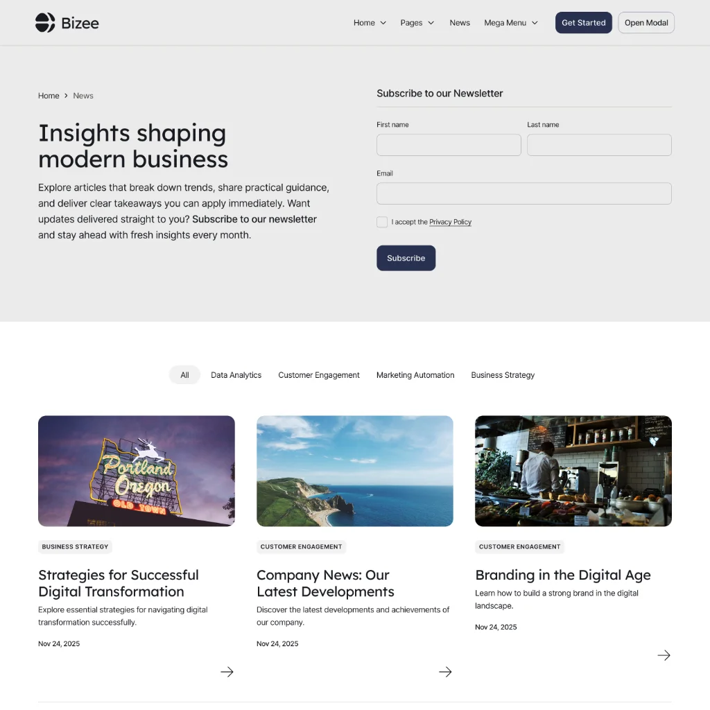 Website news page with menu, newsletter subscription form, and article category filters.