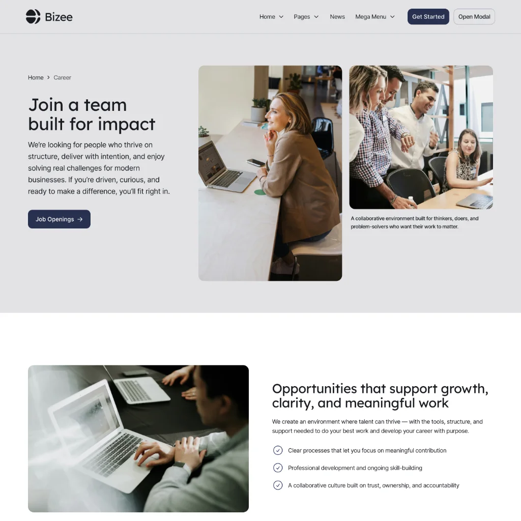 Career page with a woman smiling at a laptop and a group of four people collaborating around a computer.