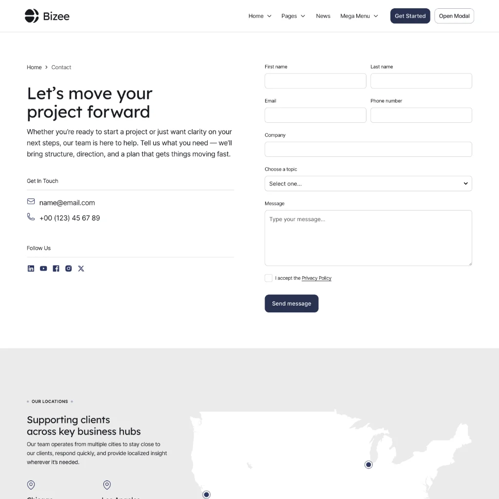 Contact page layout with Bizee logo, navigation menu, a form to enter personal details, email, phone number, company, topic, message, and a send button.