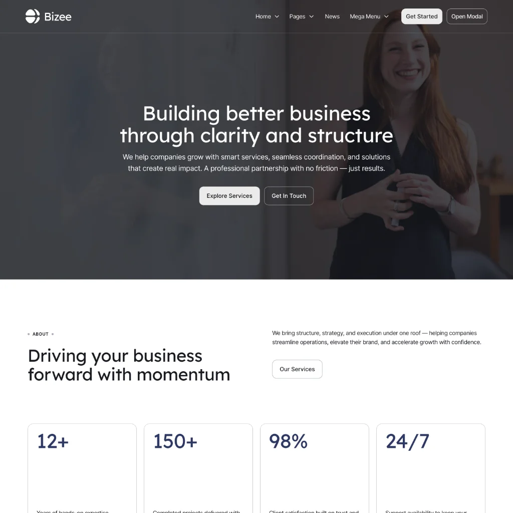 Website homepage header with a smiling woman holding a cup, and text about building better business through clarity and structure.