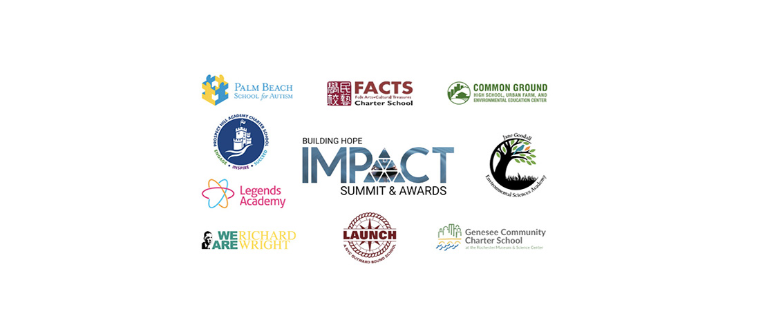 Logos of the nine charter school finalists for the Building Hope IMPACT Awards