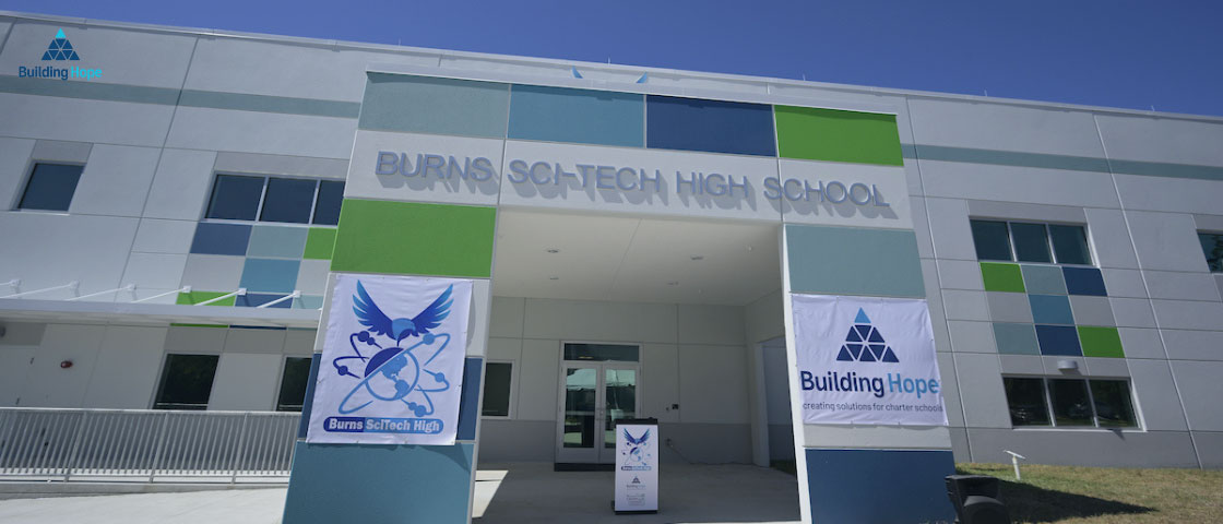 Exterior view of Burns Science and Technology High School in Oak Hill, Florida, showcasing the newly opened campus.
