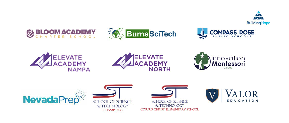 Logos representing 11 newly completed charter school facilities developed and delivered by Building Hope