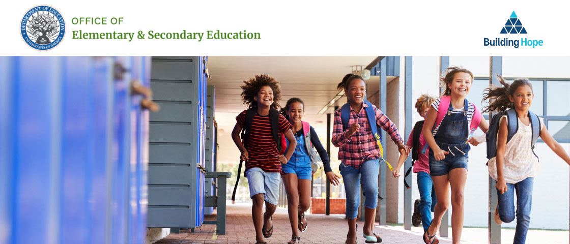 School children running happily outdoors, representing students who benefit from increased access to quality charter school facilities.