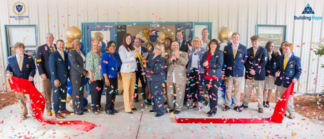 Ribbon-cutting ceremony at Ocali Charter High School’s new facility, celebrating the school’s growth and future programs for students.