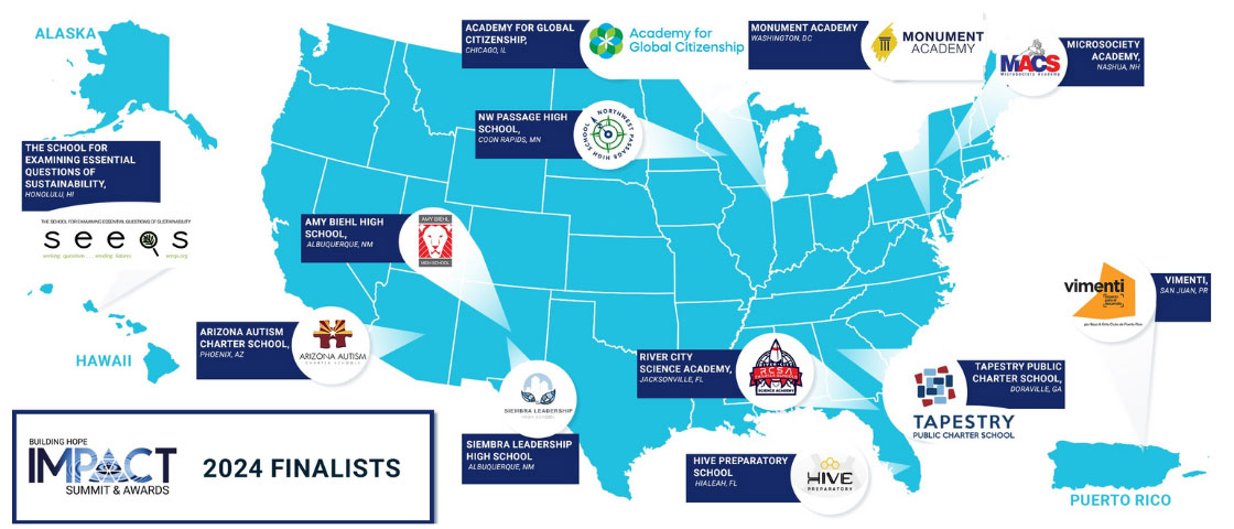 Map showing locations of 12 Building Hope IMPACT Awards finalists across the U.S. and Puerto Rico, representing schools excelling in student empowerment, community engagement, education innovation, and charter leadership.