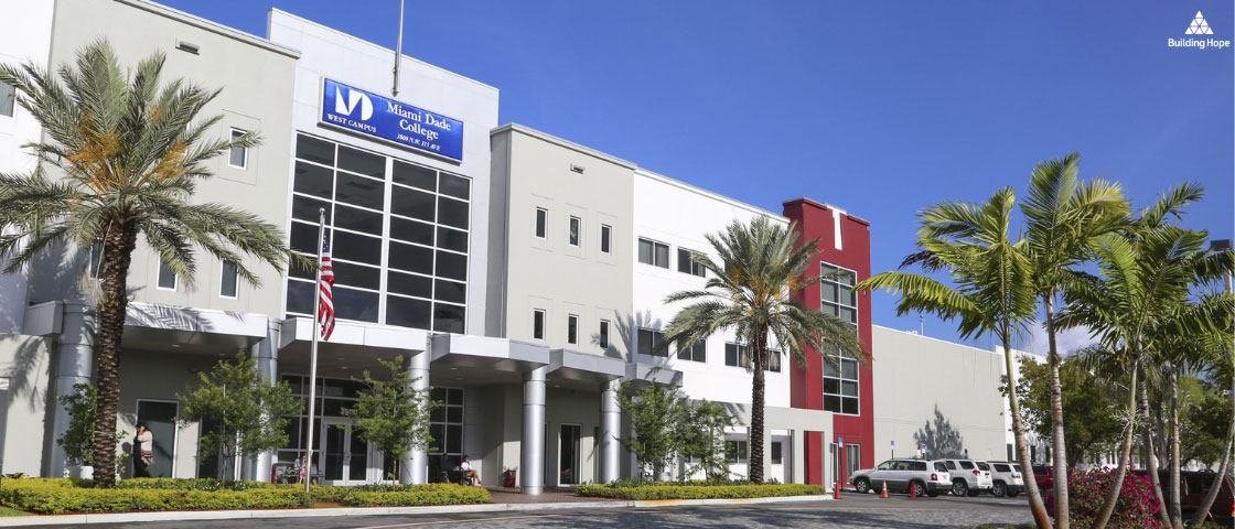 Exterior photo of Miami Dade College campus, showcasing the college as a hub for charter school programs and tech-focused education.
