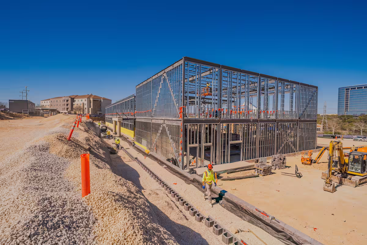 Construction area featured an unfinished building.