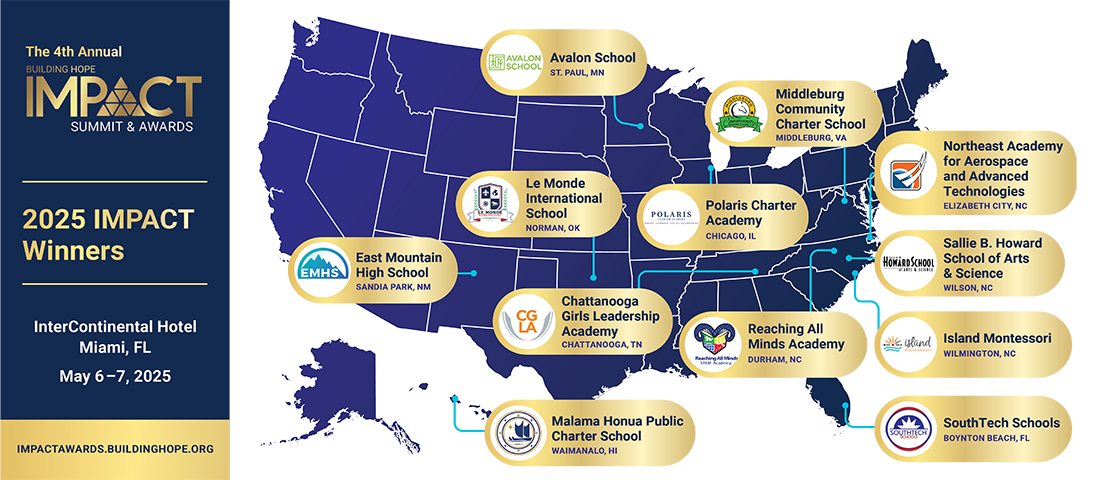 Map of the United States highlighting the nine states with 2025 Building Hope IMPACT Award-winning charter schools.