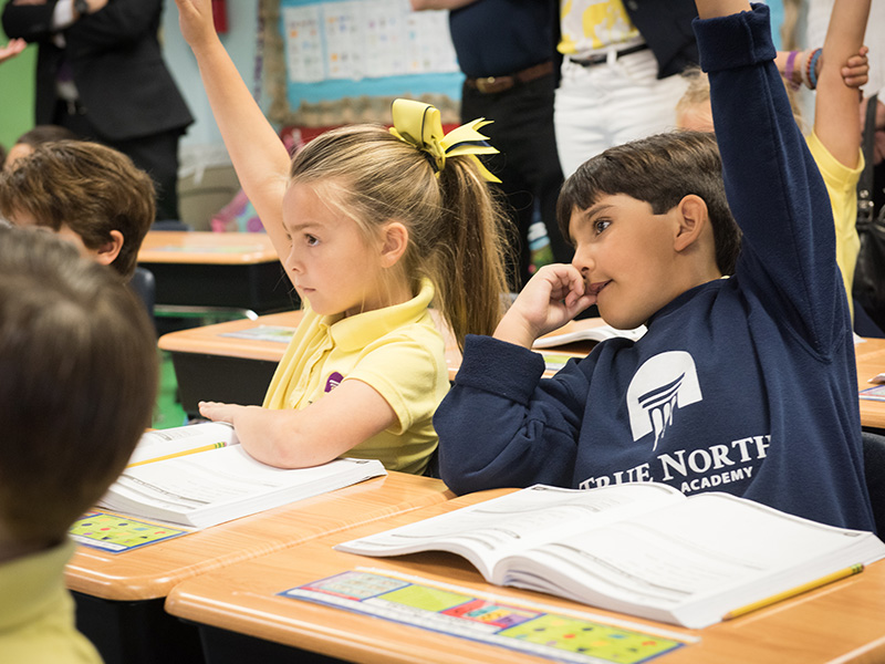 Two students raise their hands in class with open books on their desks.
