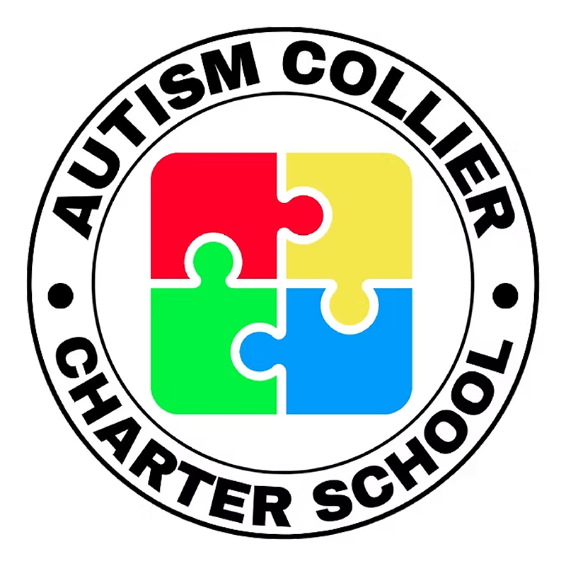 Logo for Autism Collier Charter School shows a circle with a multicolored puzzle piece design in the center, surrounded by the school's name on a black background.
