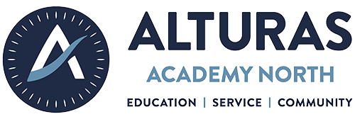Logo of Alturas Academy North featuring a stylized "A" in a circle. Text: "Education | Service | Community" below. Blue and white theme.