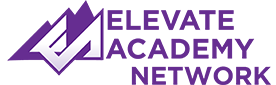 Purple "Elevate Academy Network" logo with stylized mountain graphic on a black background, conveying themes of growth and ambition.