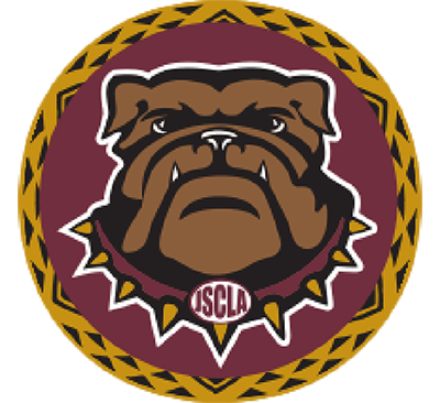 Stylized bulldog logo with a spiked collar, set against a burgundy circle with a tribal-patterned brown and gold border. Emphasizes strength and determination.