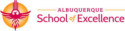 Logo of Albuquerque School of Excellence features a red and orange stylized phoenix on the left, with school name in bold red and yellow text on black background.