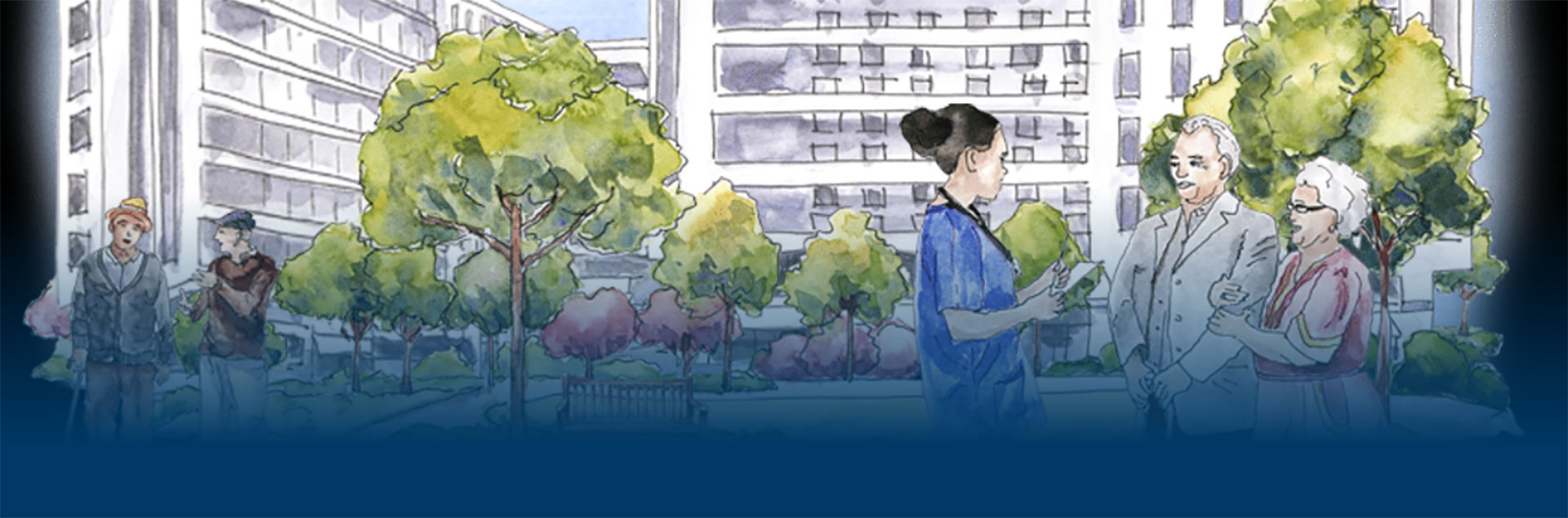 Illustration of a nurse in blue attire talking to an elderly couple in a leafy courtyard. Tall buildings loom above, with other people walking nearby.