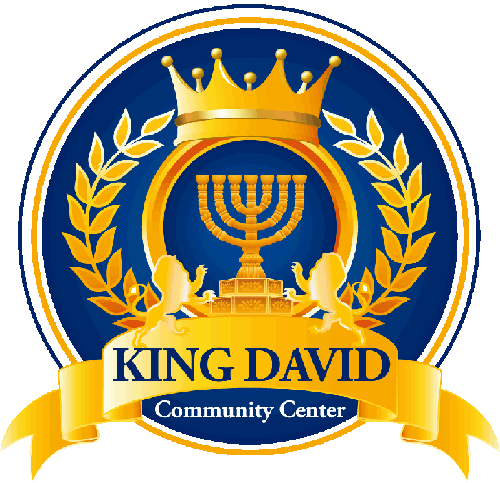 Gold crown, menorah, and laurel wreath on a blue background with "King David Community Center" in bold text on a gold ribbon below. Regal and formal tone.