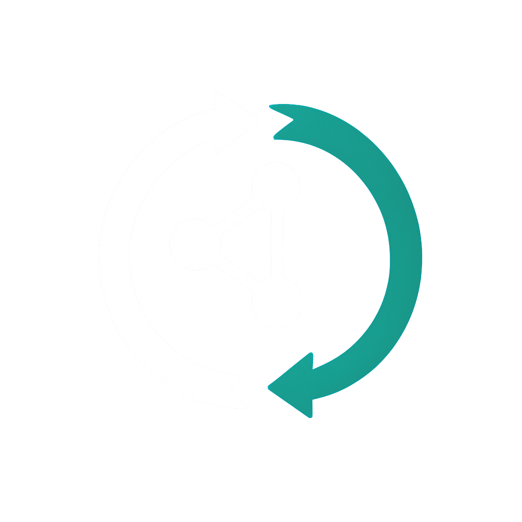 Two circular arrows, one white and one teal, surrounding a white share network icon with three connected nodes.