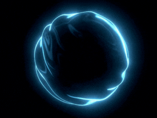 Glowing blue abstract orb with swirling light patterns on a black background.