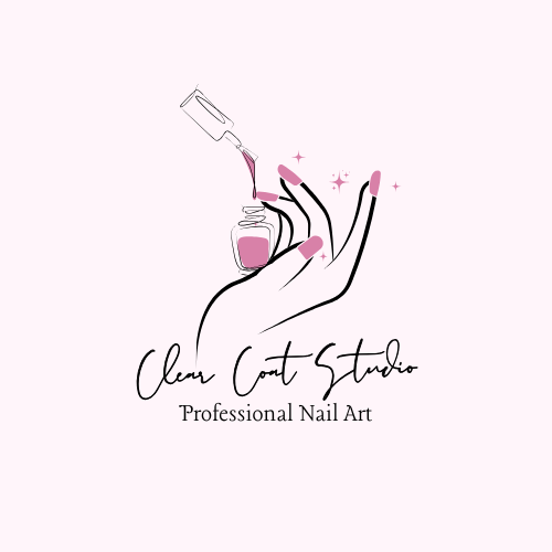 Illustration of a hand with pink-painted nails holding a nail polish bottle with a brush applying polish, accompanied by text 'Clear Coat Studio Professional Nail Art'.