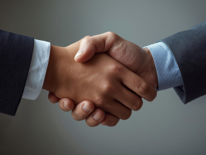 Close-up of two people in suits shaking hands against a neutral background.