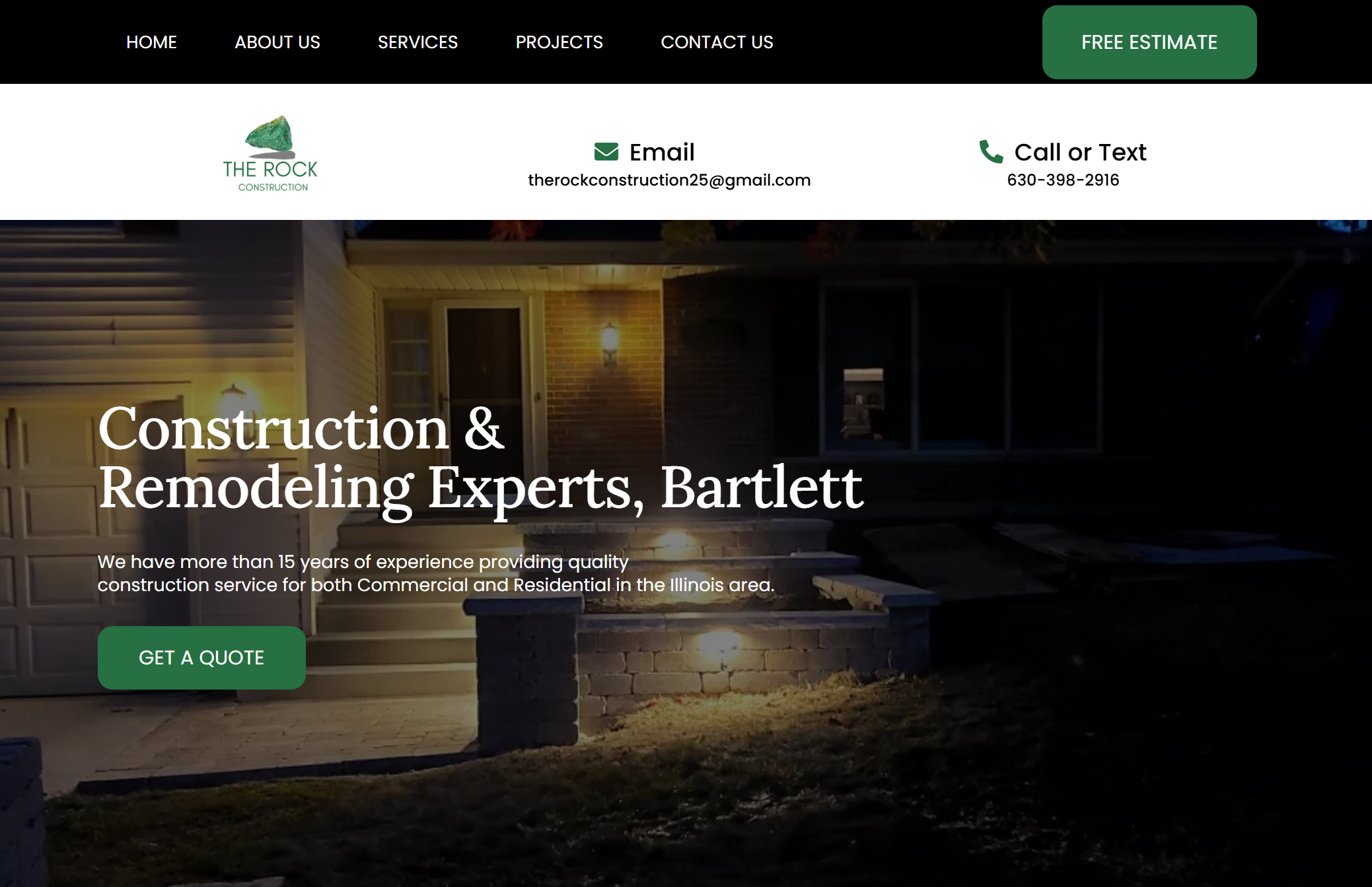 Night view of a well-lit house entrance with text overlay promoting construction and remodeling experts in Bartlett with contact info and call-to-action buttons.