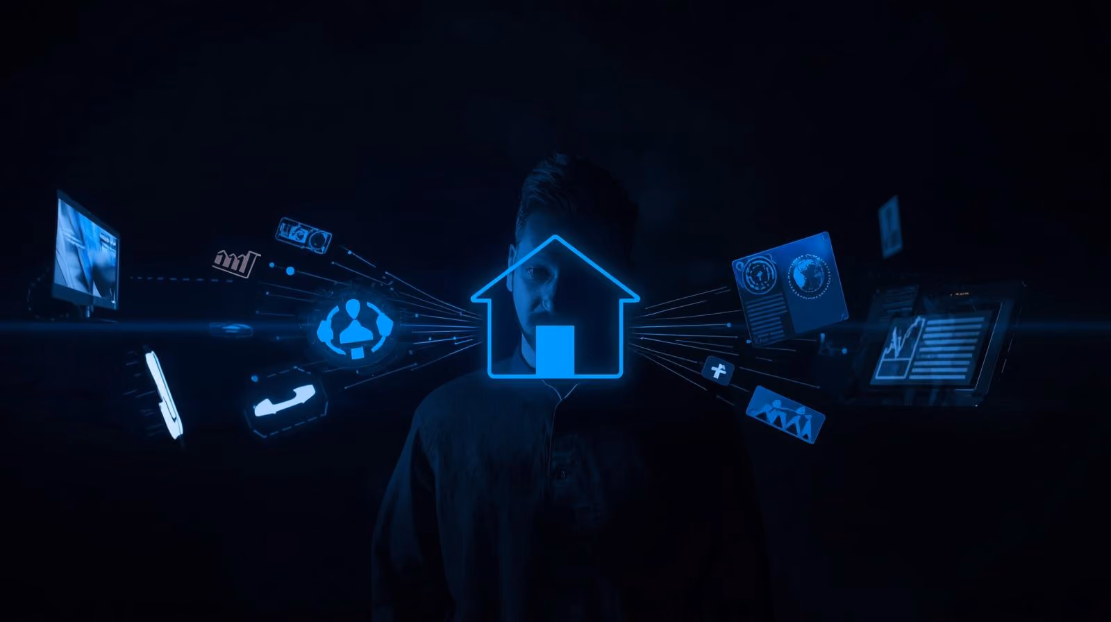 Glowing blue digital calendar interface with swirling light effects on a dark background.