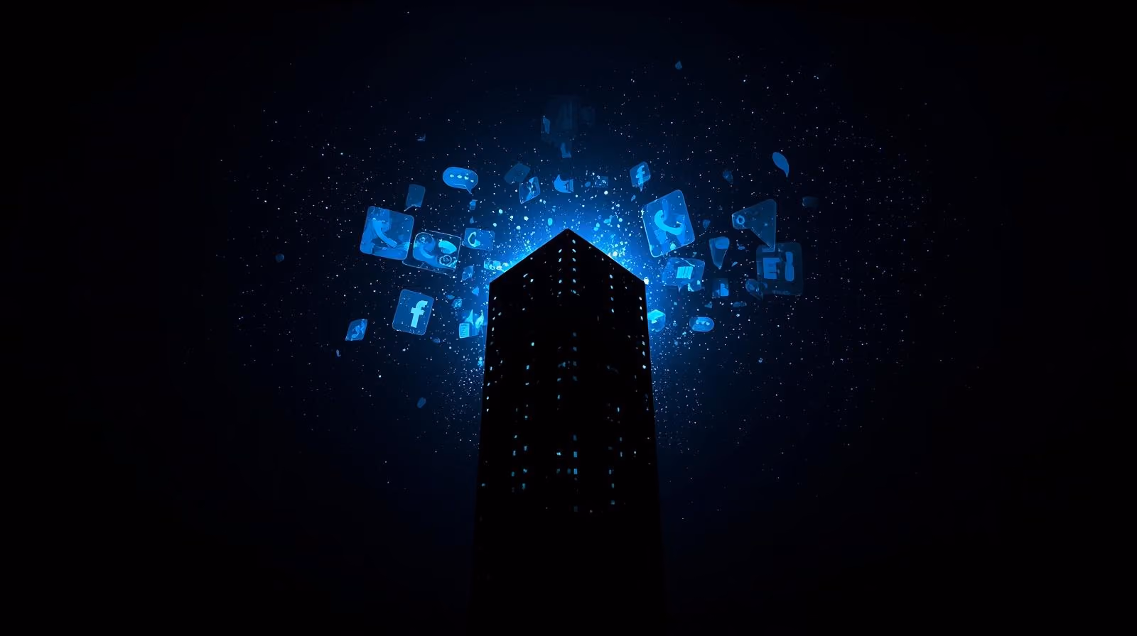 Black building silhouette with glowing blue social media and communication icons emerging from it against a dark background.
